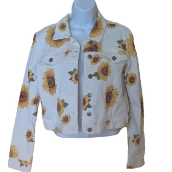 Forever 21 Jackets & Blazers - White Yellow SunFlower Cropped Denim Jacket Size Small